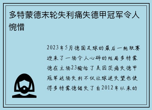 多特蒙德末轮失利痛失德甲冠军令人惋惜 多特蒙德末轮失利痛失德甲冠军令人惋惜